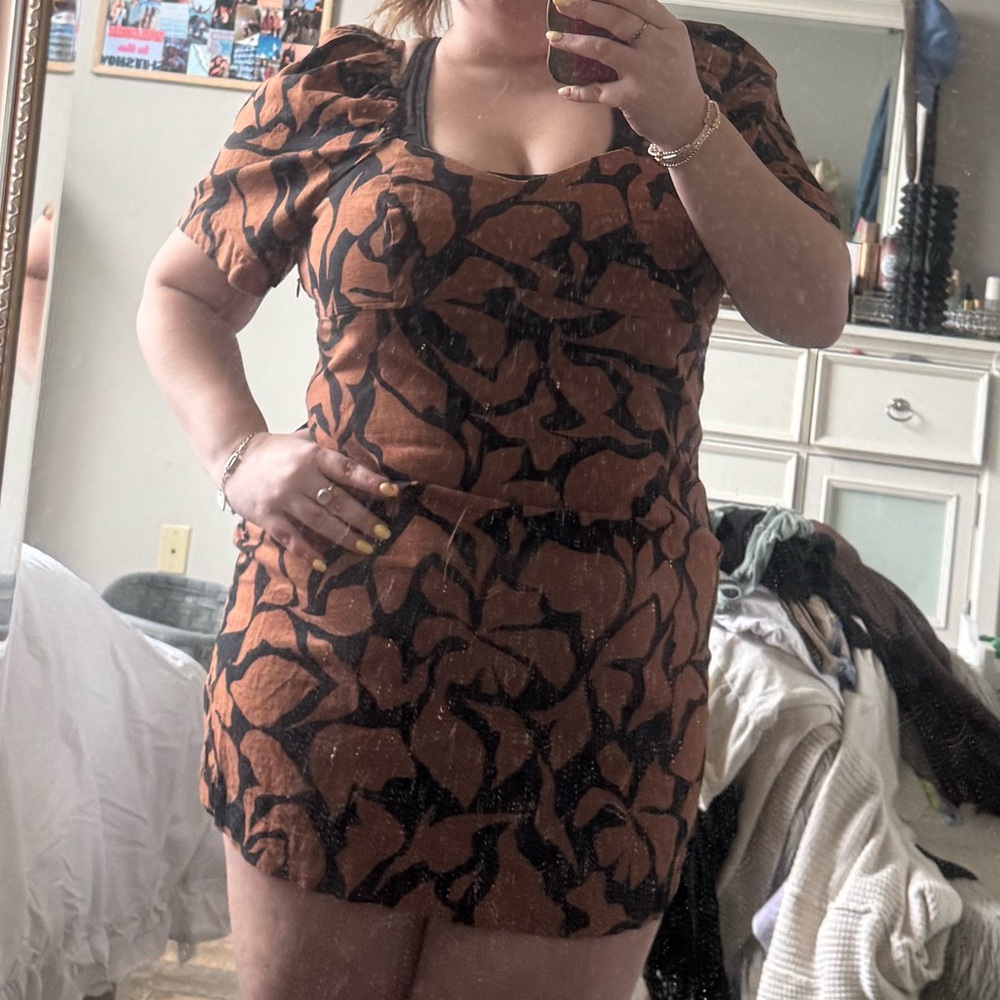 Brown and Black Leaf Print Dress